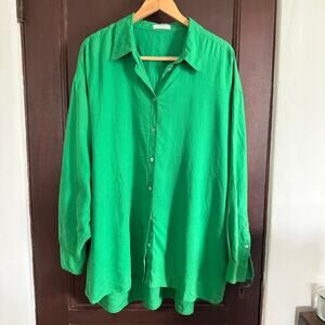 BABATON | Kelly Green Linen Blend Oversized Button Down Shirt | Large